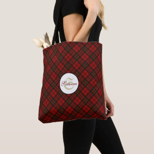 Tote Bag Rouge tartan Noël plaid hiver motif Monogramme