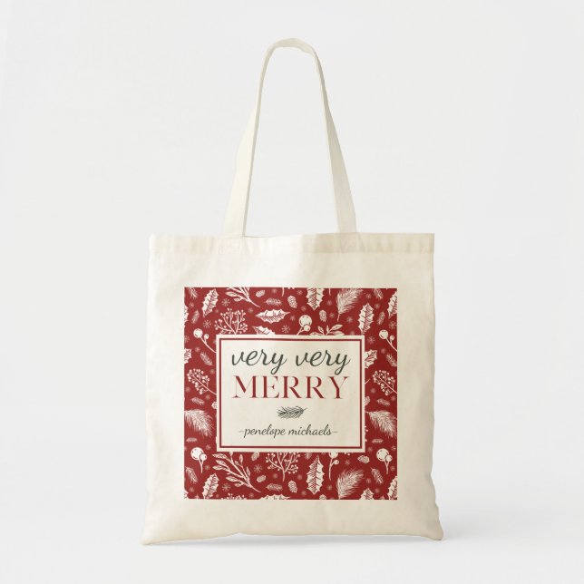 Tote Bag Rouge Très Joyeux avec Botanique et Nom Noël (Devant)