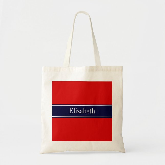 Tote Bag Rouge uni, ruban bleu marine Nom Monogramme (Devant)