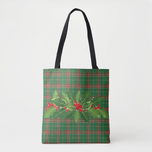 Tote Bag Rouge vert de Noël Plaid avec couronne (Devant)
