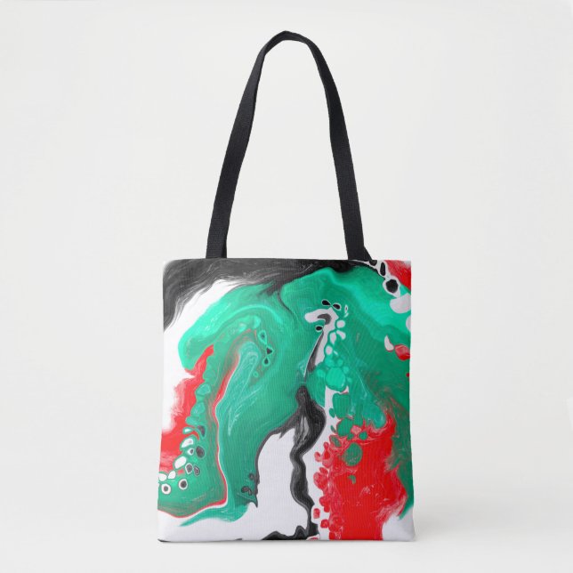 Tote Bag Rouge, vert, noir et Marbre blanc Fluid Art (Devant)