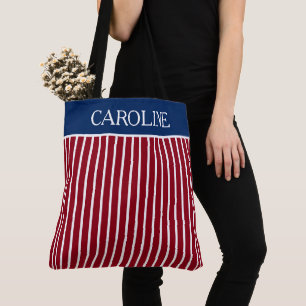 Tote Bag Rouges et Blanches Rayures Avec Personnalisé Bleu