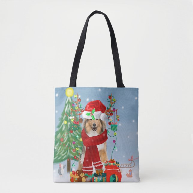 Tote Bag Rough Collie Chien dans neige cadeau de Noël (Devant)