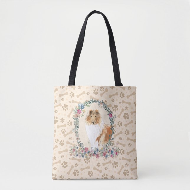 Tote Bag Rough Collie Chien Empreinte de patte & Chien Bone (Devant)