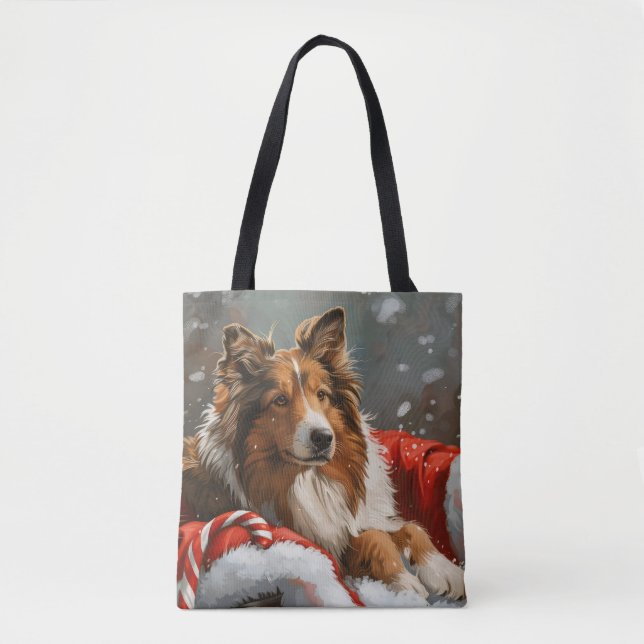 Tote Bag Rough Collie Chien Festif de Noël (Devant)