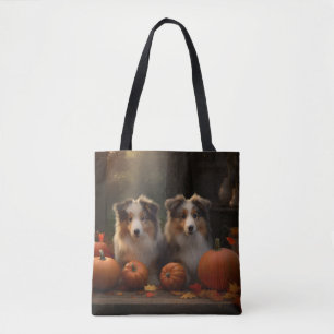 Tote Bag Rough Collie Puppy Automne Citrouille de plaisir