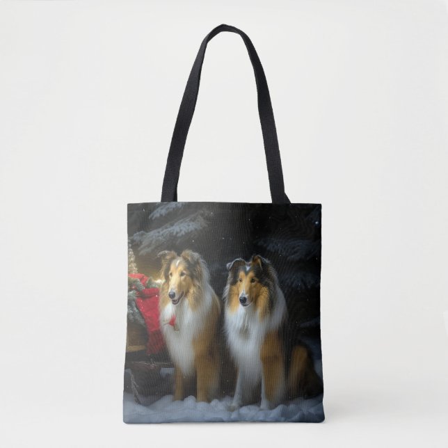 Tote Bag Rough Collie Snowy Sleigh Décor de Noël (Devant)