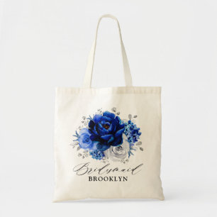Tote Bag Royal Bleu Blanc Argent Métallique Mariage à
