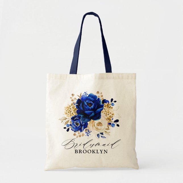 Tote Bag Royal Blue Jaune or Floral Bridesmaid cadeau (Devant)