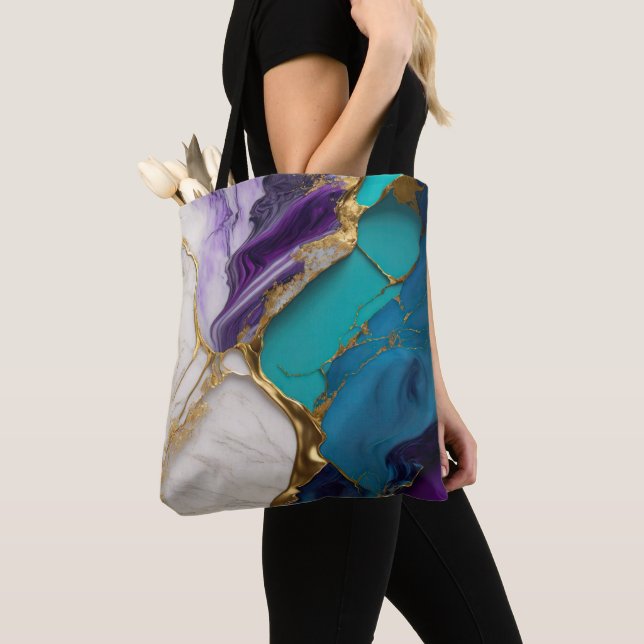 Tote Bag Royal Sarcelle & Améthyste Marbre avec Veines d'Or (De près)