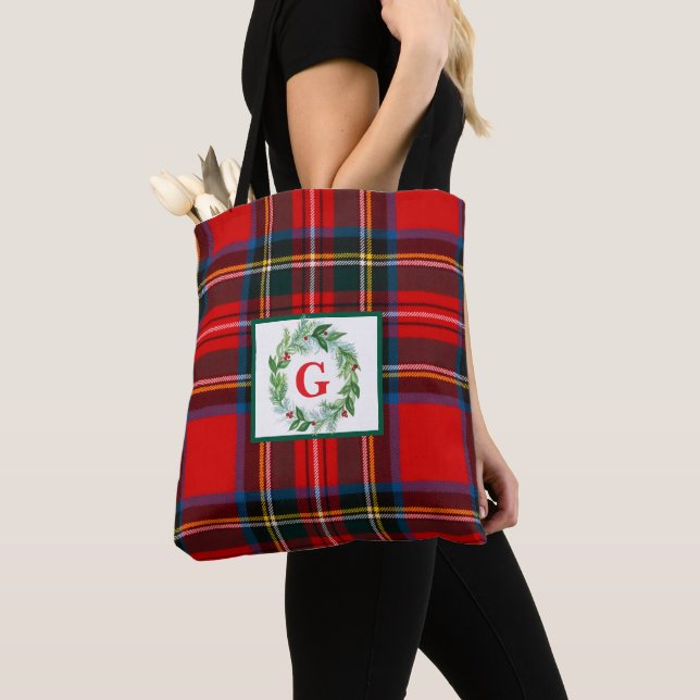 Tote Bag Royal Stewart Christmas MONOGRAS Plaid Wreath (De près)
