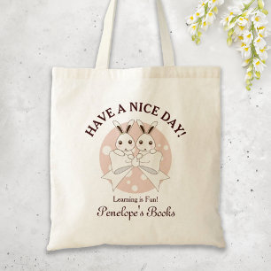 Tote Bag Ruban blanc blanc cassé rose pastel et lapin jumea