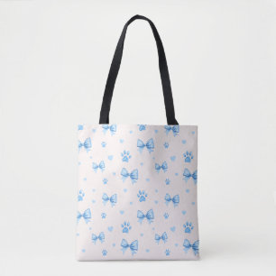 Tote Bag Ruban bleu, Coeur et Motif Empreinte de patte sur