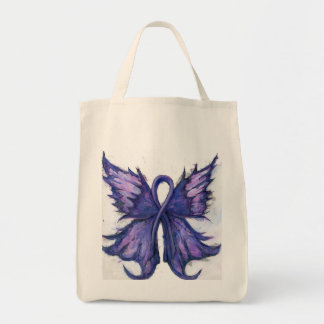 Tote Bag Ruban de cancer pourpre avec ailes papillon