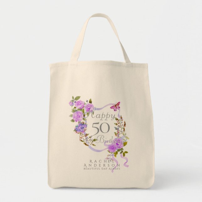 Tote Bag Ruban de rose pourpre 50e anniversaire (Devant)