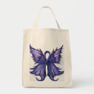 Tote Bag Ruban pourpre de Cancer avec des ailes de papillon