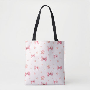 Tote Bag Ruban rose, Coeur et Motif Empreinte de patte - Ro