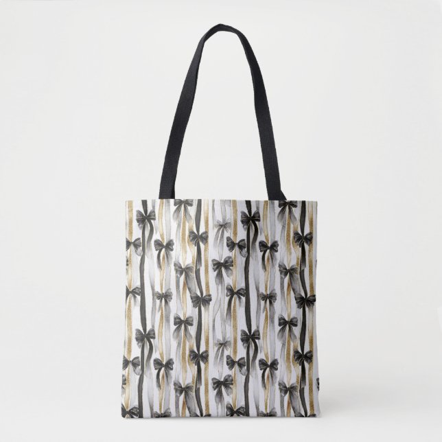 Tote Bag Rubans et noeuds dorés argentés noirs Noël (Devant)