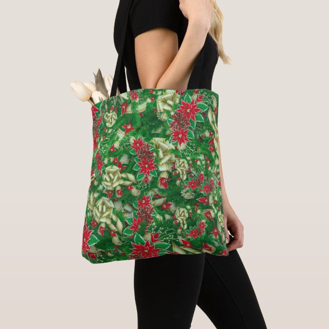 Tote Bag Rubans Feuille Poinsettia Fir Noël Floral | (De près)