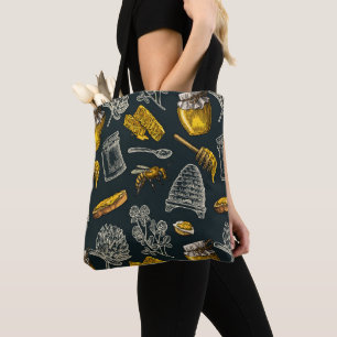 Tote Bag Ruche d'abeille à miel foncé vintage bio naturel