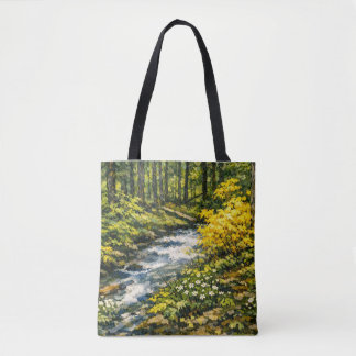 Tote Bag Ruisseau forestier avec fleurs sauvages jaunes