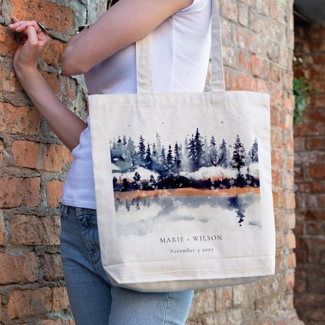 Tote Bag Rust Navy Winter Pine Forest Mariage de neige (Créateur téléchargé)