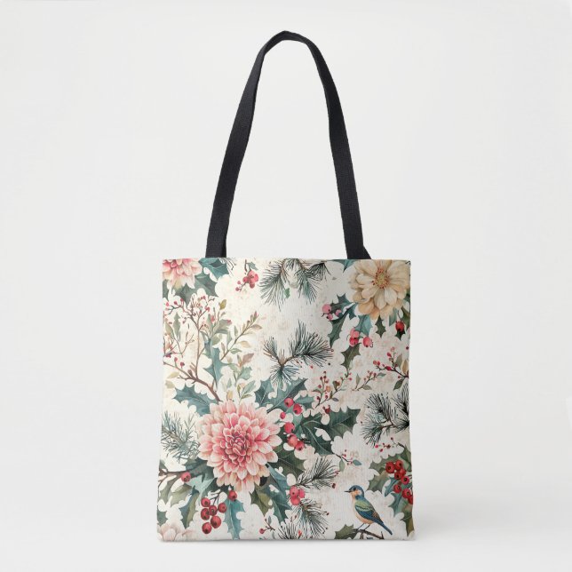 Tote Bag Rustic Bird et Poinsettia Motif de Noël (11) (Devant)
