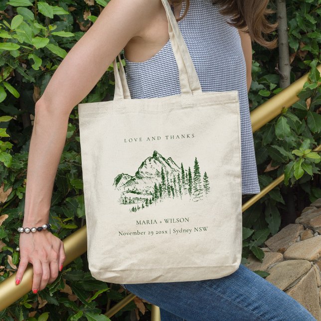 Tote Bag Rustic Green Pine Woods Mountain Sketch Mariage (Créateur téléchargé)