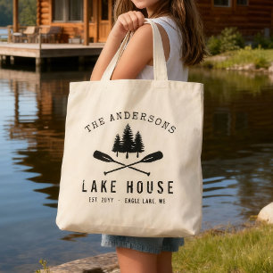 Tote Bag Rustic Lake House Boat Oars Trees Nom de famille