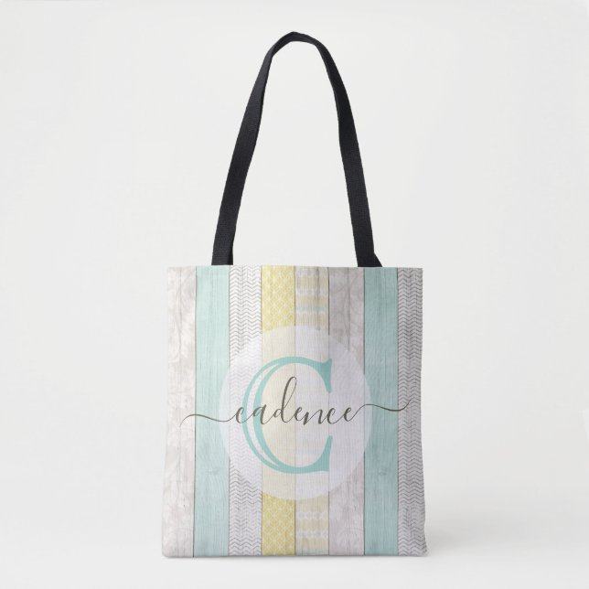 Tote Bag Rustic Mint & Yellow Boho Geo Modern Personalized (Devant)