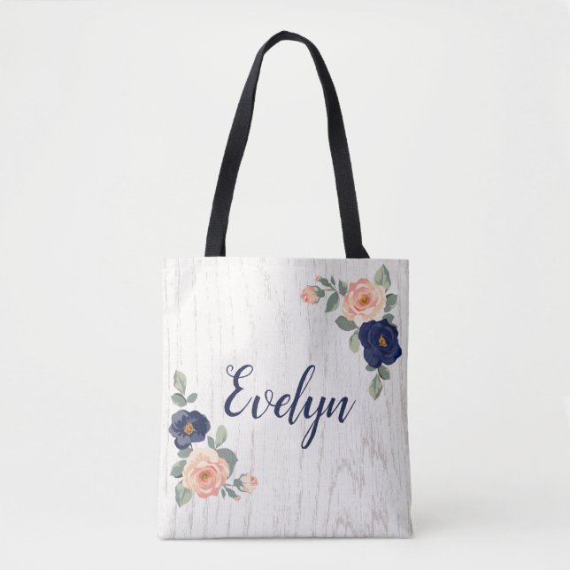 Tote Bag Rustique Bleu jolie Marine, Pêche Floral Personnal (Devant)