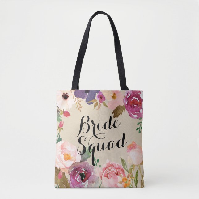 Tote Bag Rustique Boho Watercolor Flowers Bride Squad (Devant)