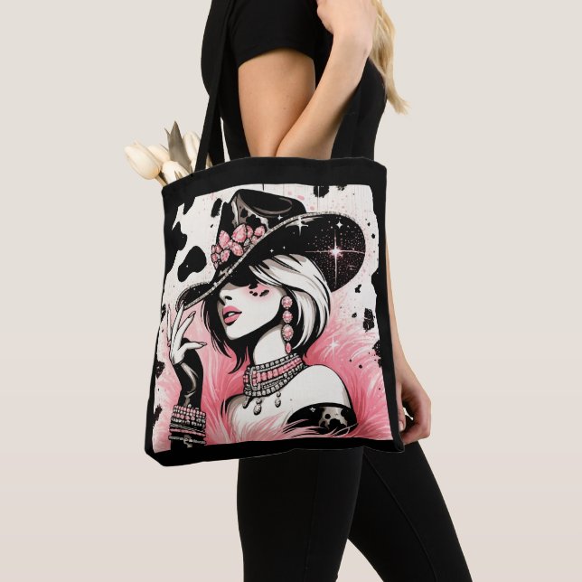 Tote Bag Rustique Glam Cowgirl rose étincelante Cowhide Imp (De près)