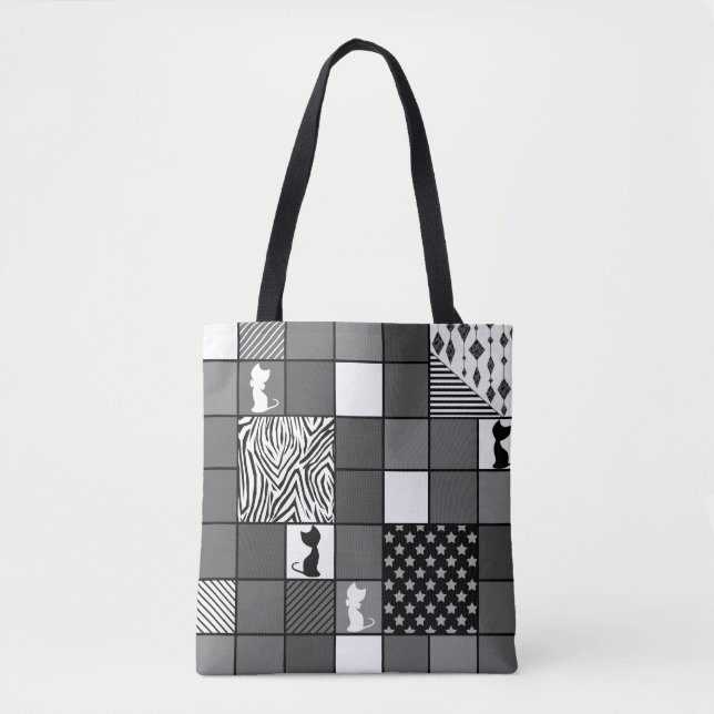 Tote Bag Rustique, Populaire, Noir et blanc, Patchwork, Sim (Devant)