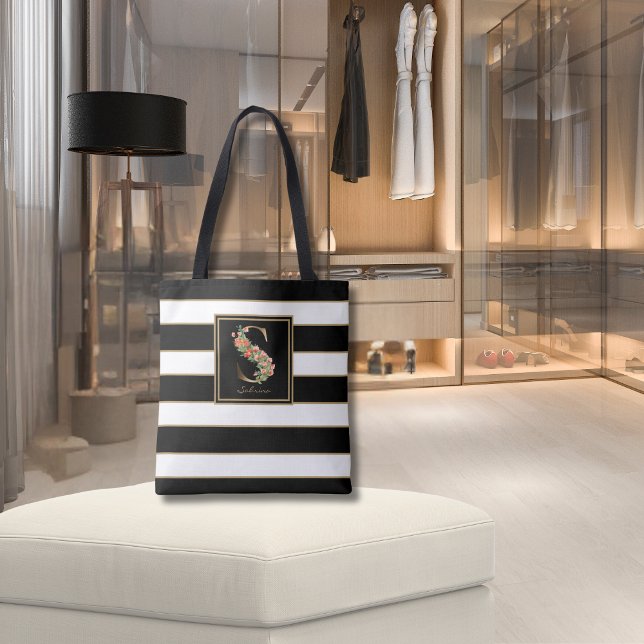 Tote Bag S Monogramme Floral Doré | Rayures Noir Blanc Or (Créateur téléchargé)