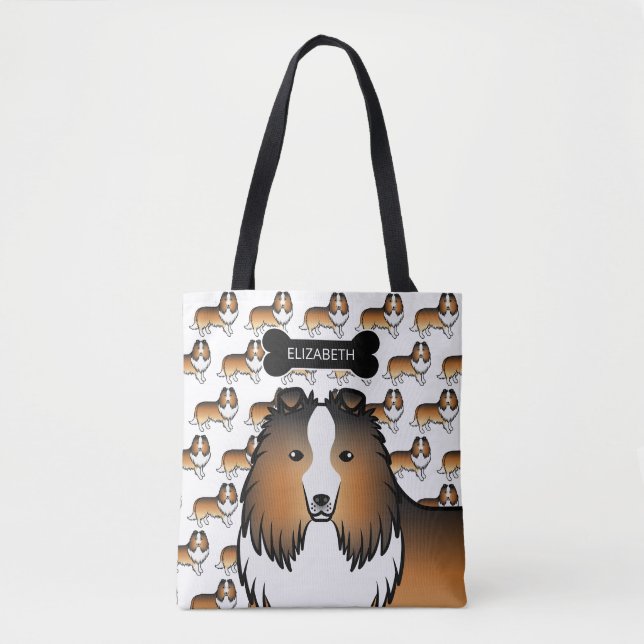 Tote Bag Sable Shetland Sheepdog Chien Et Os & Nom (Devant)