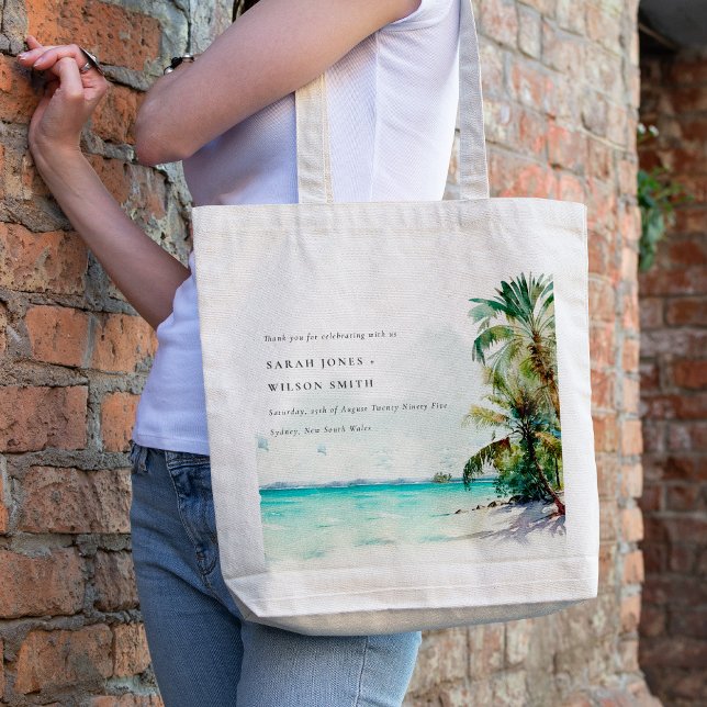 Tote Bag Sable Tropical Beach Aquarelle Palm Trees Mariage (Créateur téléchargé)