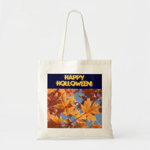 Tote Bag Sachet Happy Holloween tissu Feuilles Orange