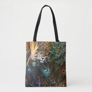 Tote Bag Safari de léopard exotique et de plumes de paon