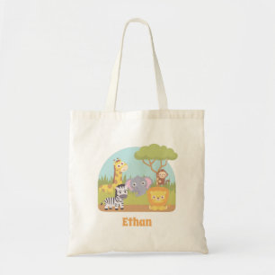 Tote Bag Safari sauvage et coloré Animaux Enfants Nom