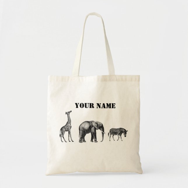 Tote Bag Safari sophistiqué, girafe, éléphant et zèbre (Devant)