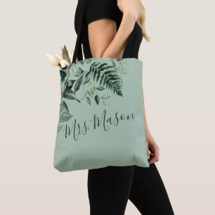 Tote Bag Sage Green feuillage botanique mariée personnalisé