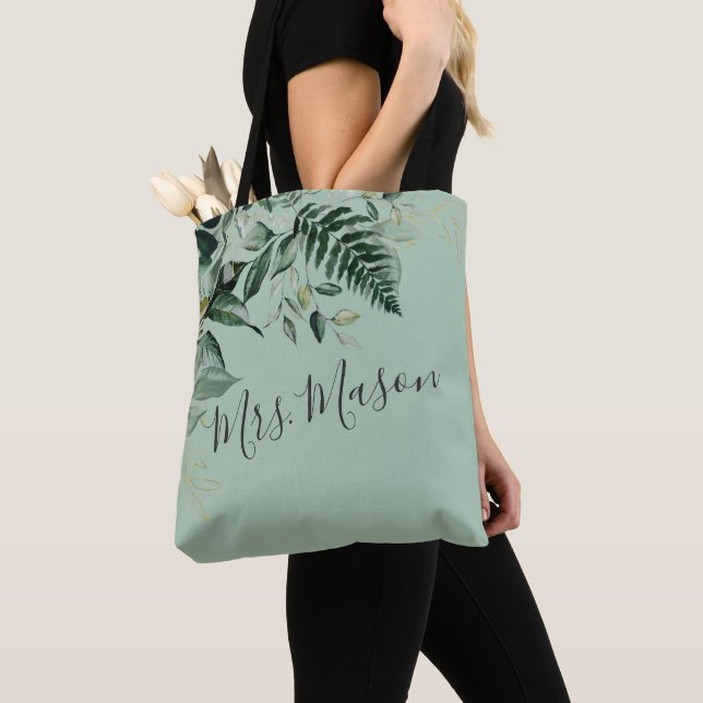 Tote Bag Sage Green feuillage botanique mariée personnalisé (De près)