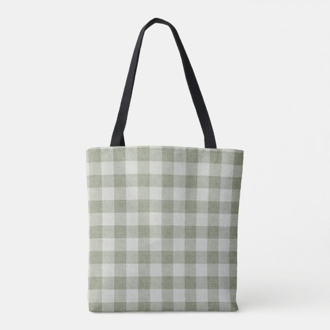 Tote Bag Sage Green Gingham Buffalo Check Linen Texture  (Dos)