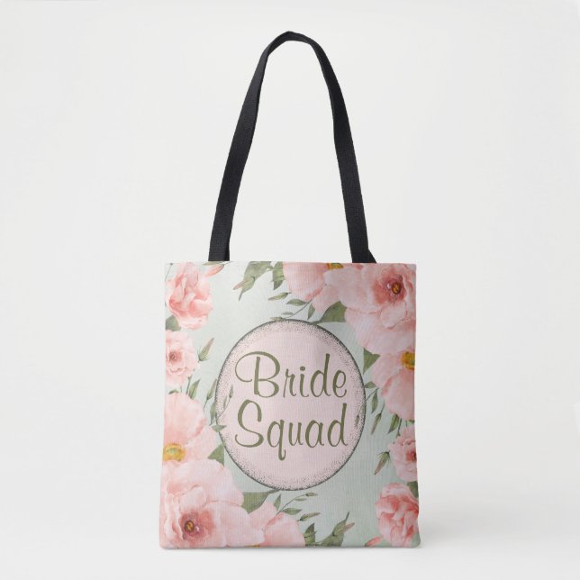 Tote Bag Sage Green & Peach Roses (Devant)