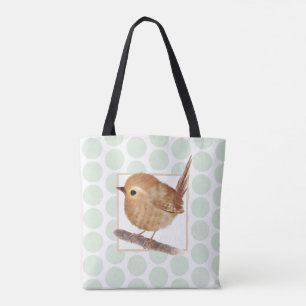 Tote Bag Sage Green Polkadot Puffy Wren Bird