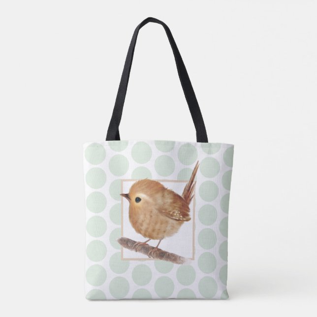 Tote Bag Sage Green Polkadot Puffy Wren Bird (Dos)