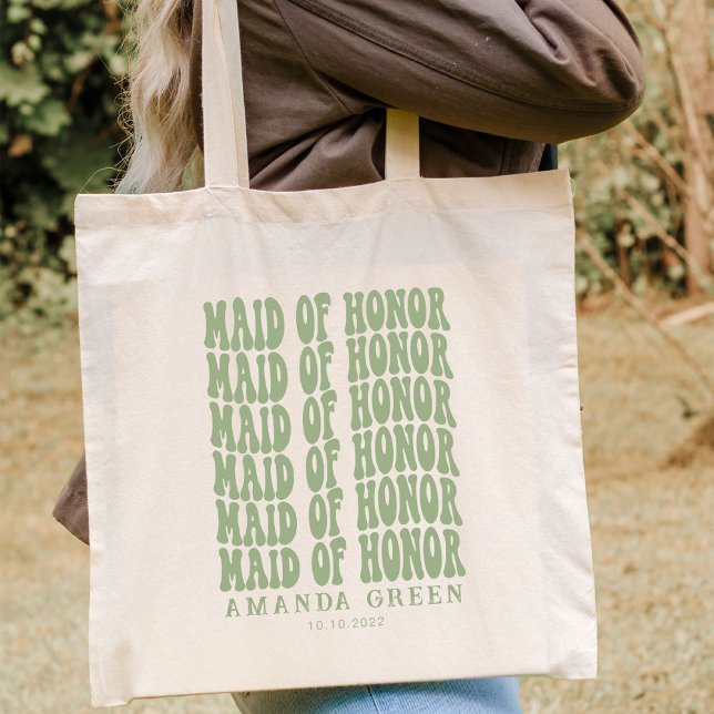 Tote Bag Sage Green Retro Boho Personnalisé Maid of Honor (Créateur téléchargé)