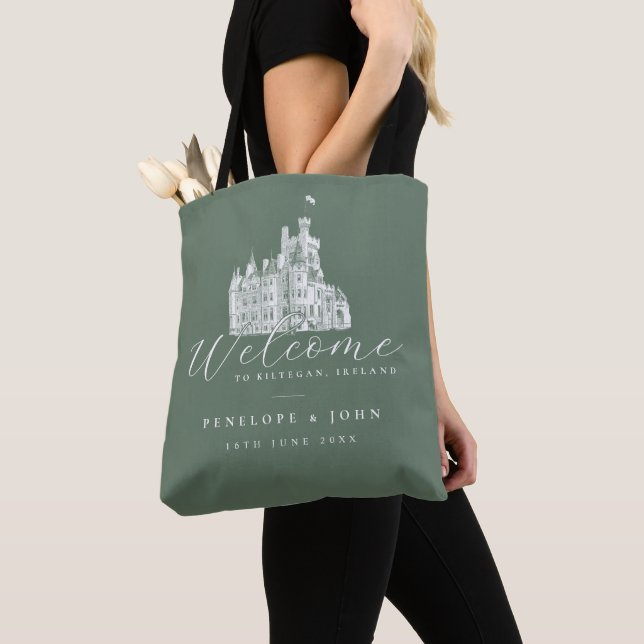 Tote Bag Sage Green Vintage Castle Illustration Wedding (De près)