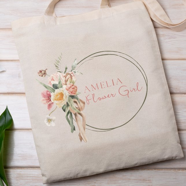Tote Bag Sage personnalisé Green & Dusty Rose Flower Girl (Add floral elegance to your wedding with this customizable flower girl tote—sweet and stylish.)